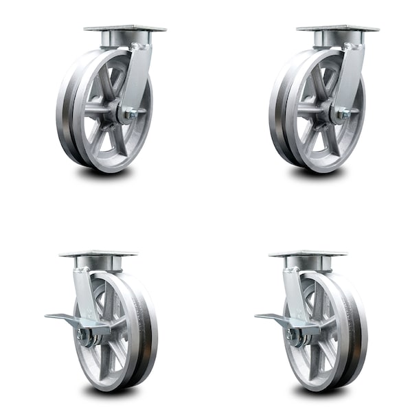 8 Inch Kingpinless V Groove Semi Steel Wheel Swivel Caster Set with 2 Brakes SCC